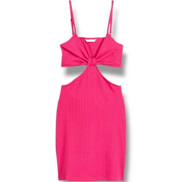 H&M Bold Fuchsia Sleeveless V-Neck Side Cutouts Ribbed Textured Mini Dress - Picture 2 of 15